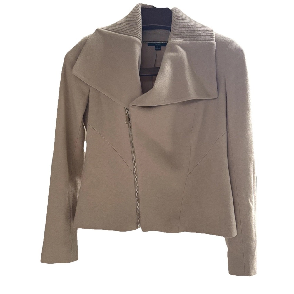 Ann Taylor Moto Jacket Women 8 Tan Wool Blend Full Zip Asymmetrical Biker Crop - Picture 2 of 8